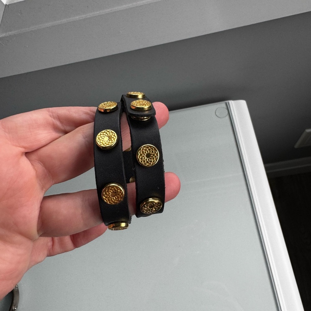 Black Leather Wrap Bracelet with Gold Studs